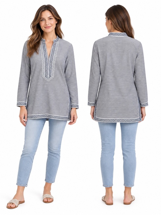 Tory Burch Tops - Tory Burch Striped Embroidered Long Sleeve Tunic Top Navy White Size 4
